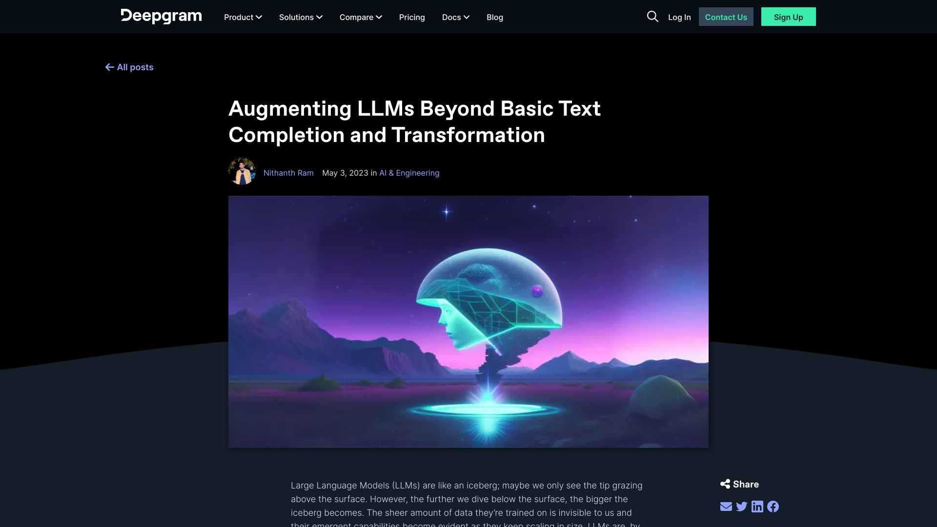 Screenshot of blog.deepgram.com: Augmenting LLMs Beyond Basic Text Completion and Transformation