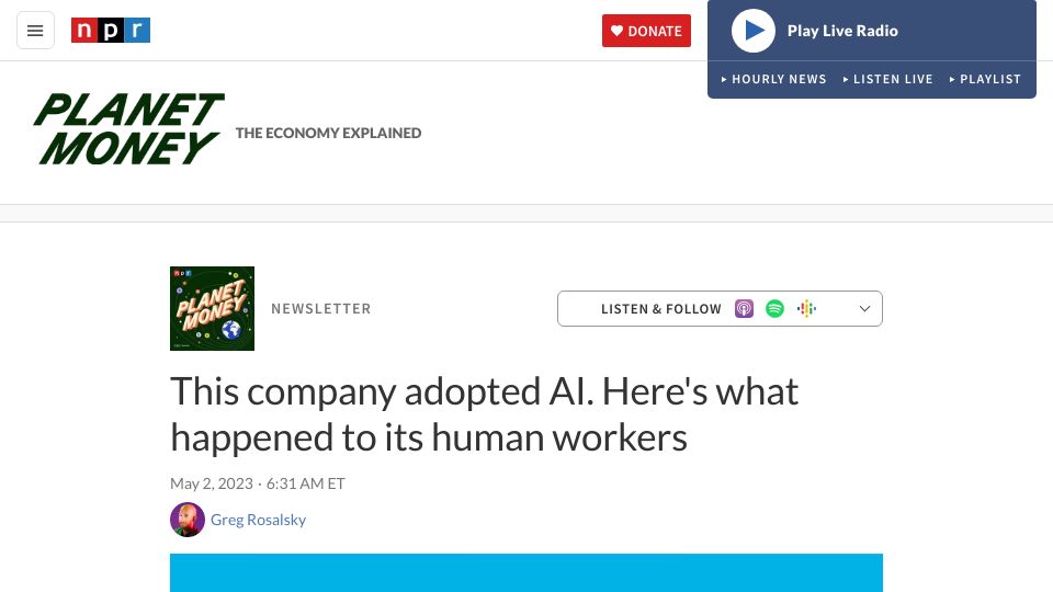 Screenshot of npr.org: The first empirical study of the real-world economic effects of new AI systems