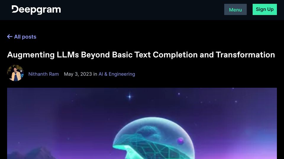 Screenshot of blog.deepgram.com: Augmenting LLMs Beyond Basic Text Completion and Transformation
