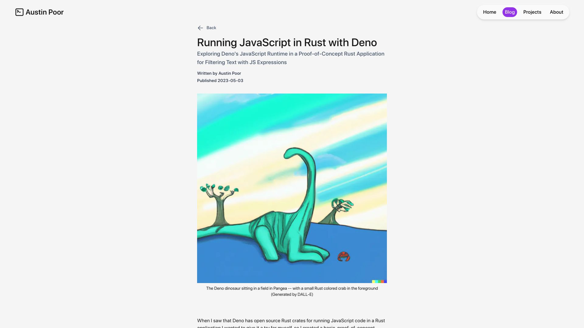Screenshot of austinpoor.com: Running JavaScript in Rust with Deno: Experimenting with Deno's Rust Crates
