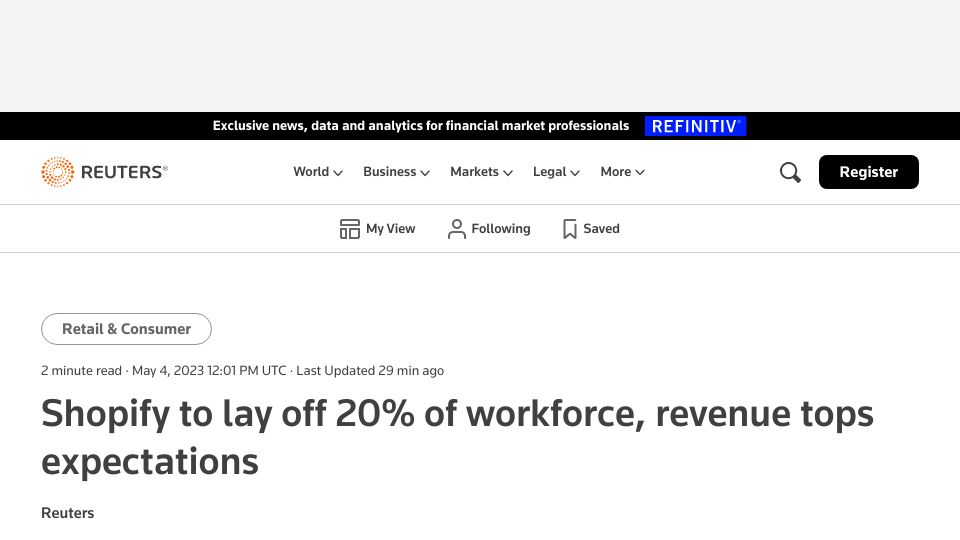 Screenshot of reuters.com: Shopify to cut 20% of its workforce, beats quarterly revenue estimates