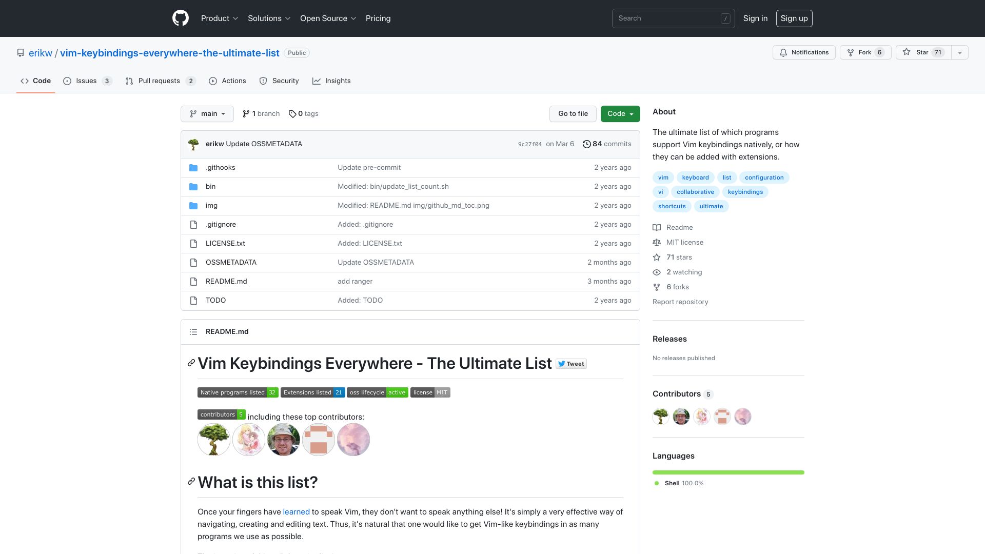Screenshot of github.com: Vim Keybindings Everywhere – The Ultimate List
