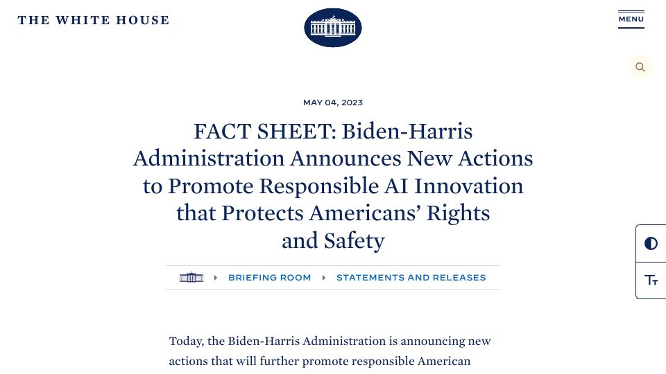Screenshot of whitehouse.gov: White House announces new actions to promote responsible AI innovation