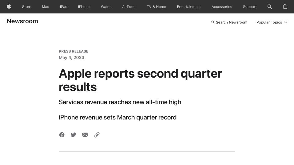 Screenshot of apple.com: Apple reports Q2 2023 results