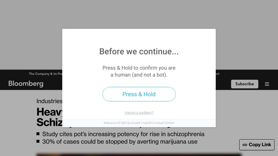 Screenshot of bloomberg.com: Heavy marijuana use increases schizophrenia in men, study finds
