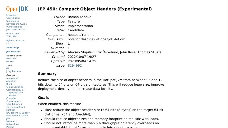 Screenshot of openjdk.org: JEP 450: Compact Object Headers