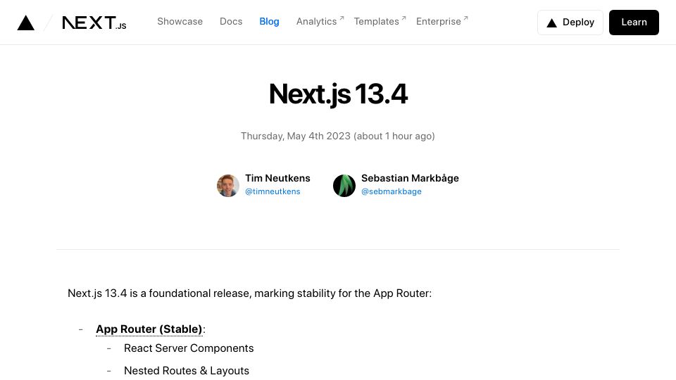 Screenshot of nextjs.org: Next.js 13.4