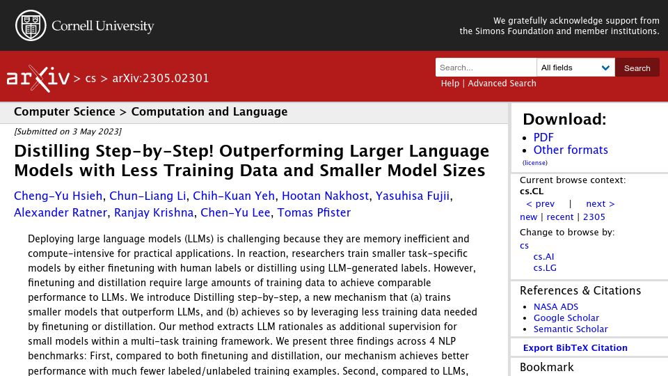 Screenshot of arxiv.org: Distilling Step-by-Step Outperforming Larger Language Models with Less Training