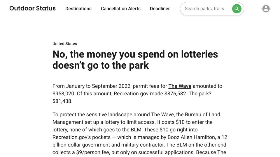 Screenshot of outdoorstatus.com: The money spent on lotteries doesn’t go to the park
