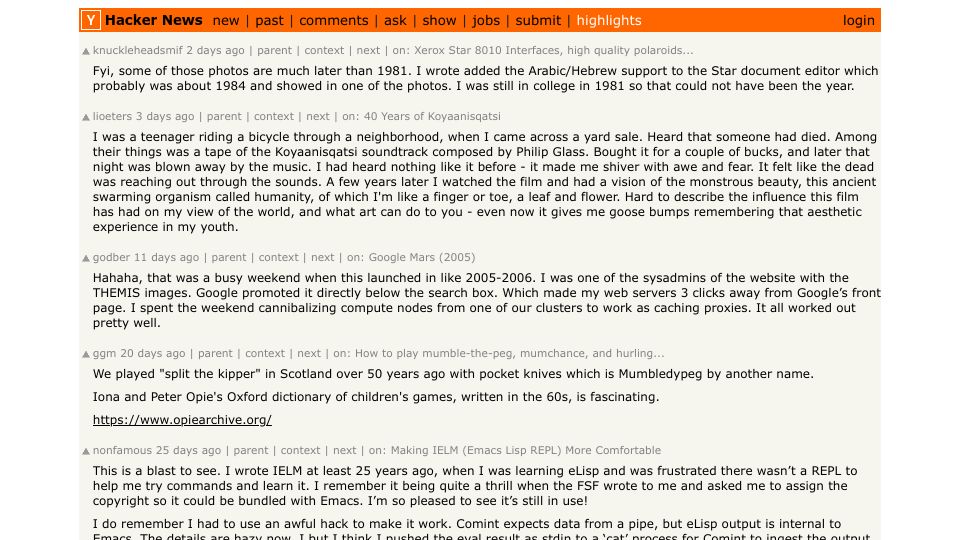 Screenshot of news.ycombinator.com: Hacker News Highlights