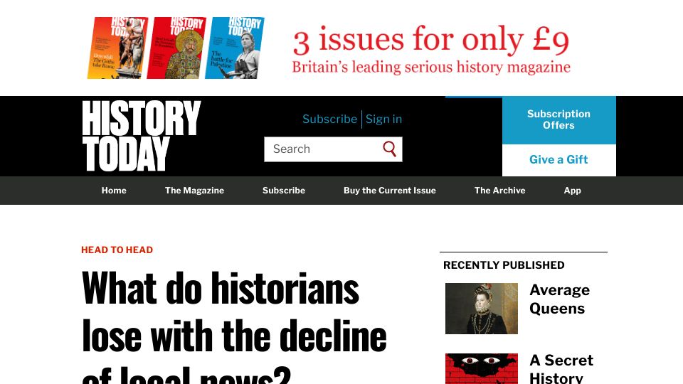 Screenshot of historytoday.com: What do historians lose with the decline of local news?