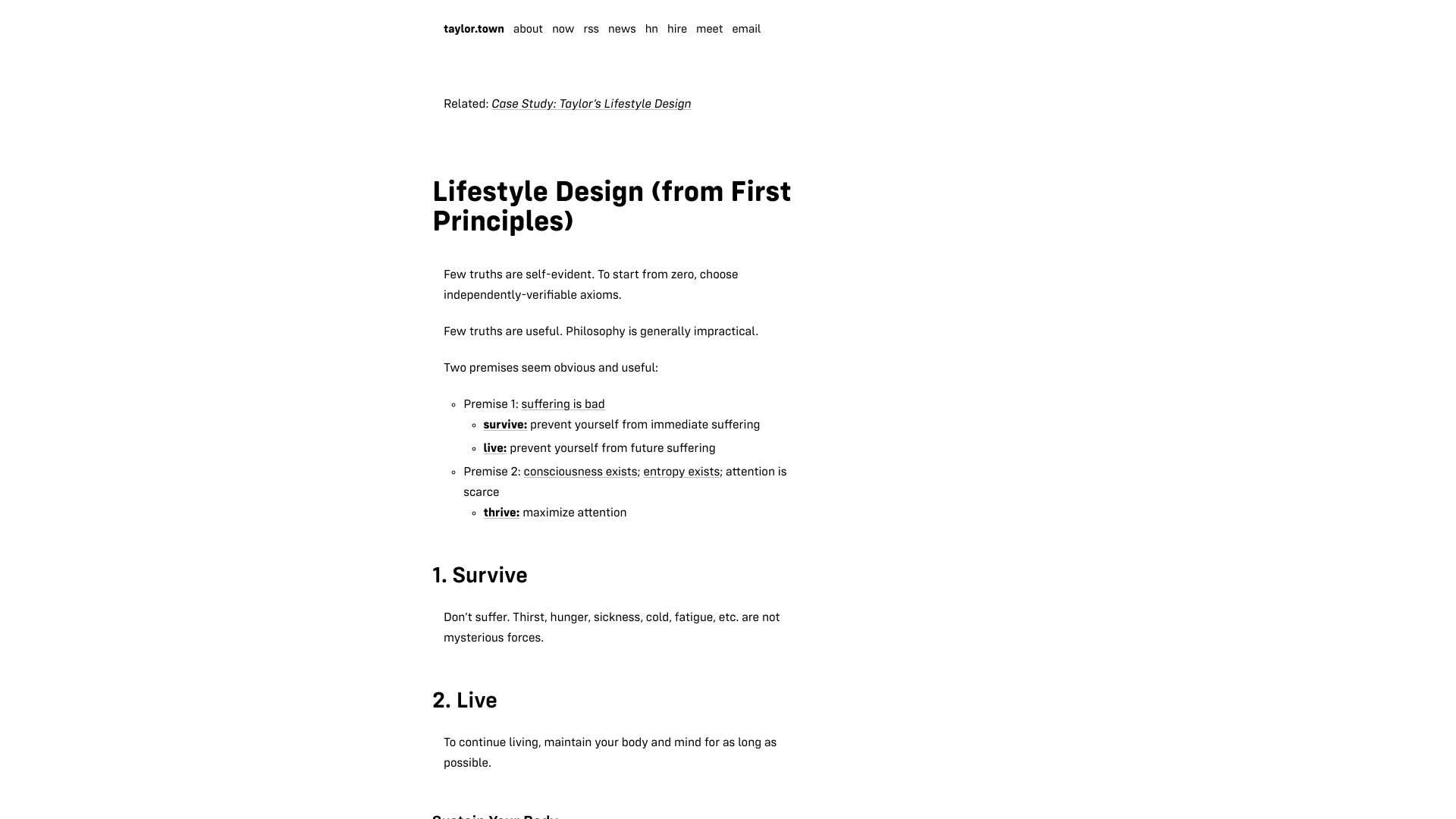 Screenshot of taylor.town: Lifestyle design from first principles
