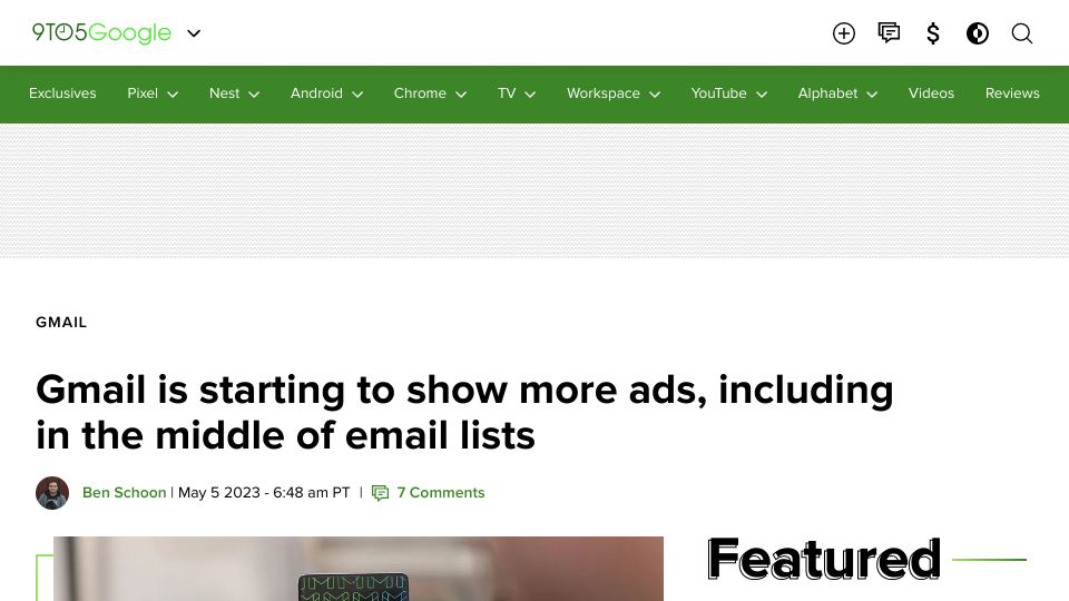 Screenshot of 9to5google.com: Gmail is showing ads in the middle of the inbox
