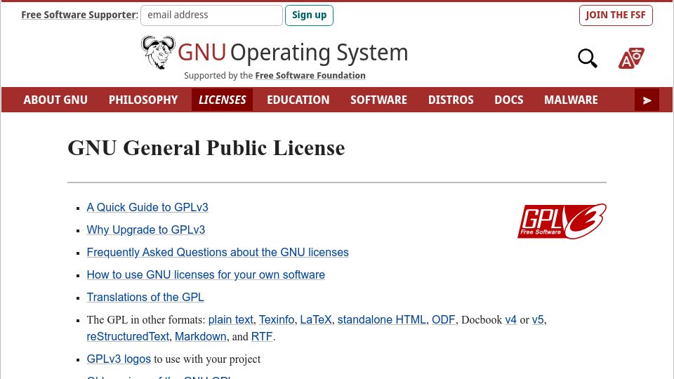Screenshot of gnu.org: GPL is no longer on the FSF website