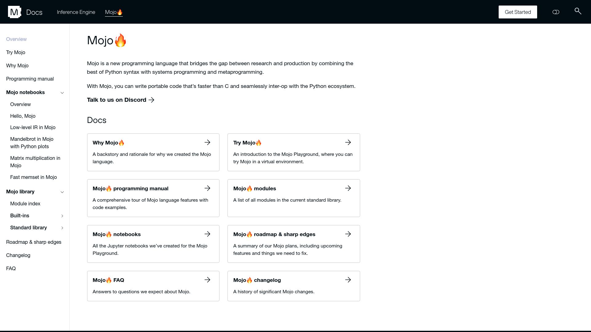 Screenshot of docs.modular.com: Mojo: The usability of Python with the performance of C