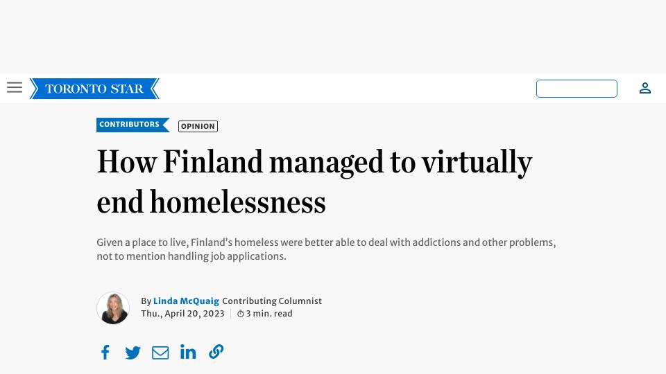 Screenshot of thestar.com: Given a place to live, Finland’s homeless were better able to deal with problems