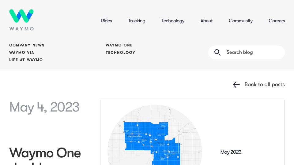 Screenshot of blog.waymo.com: Waymo One doubles service area in Phoenix, continues growing in SF