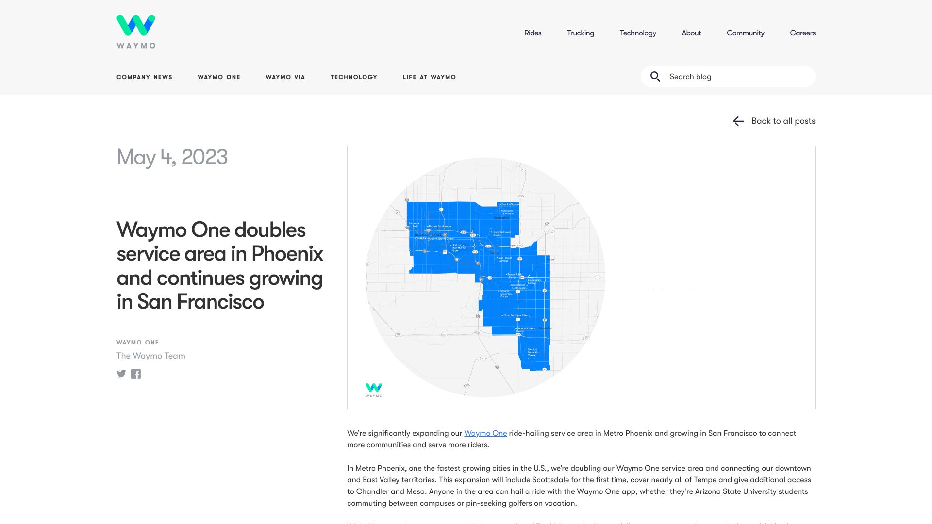 Screenshot of blog.waymo.com: Waymo One doubles service area in Phoenix, continues growing in SF
