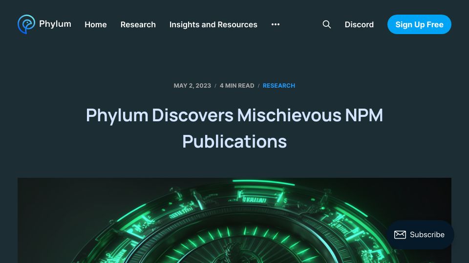 Screenshot of blog.phylum.io: Mischievous NPM Publications