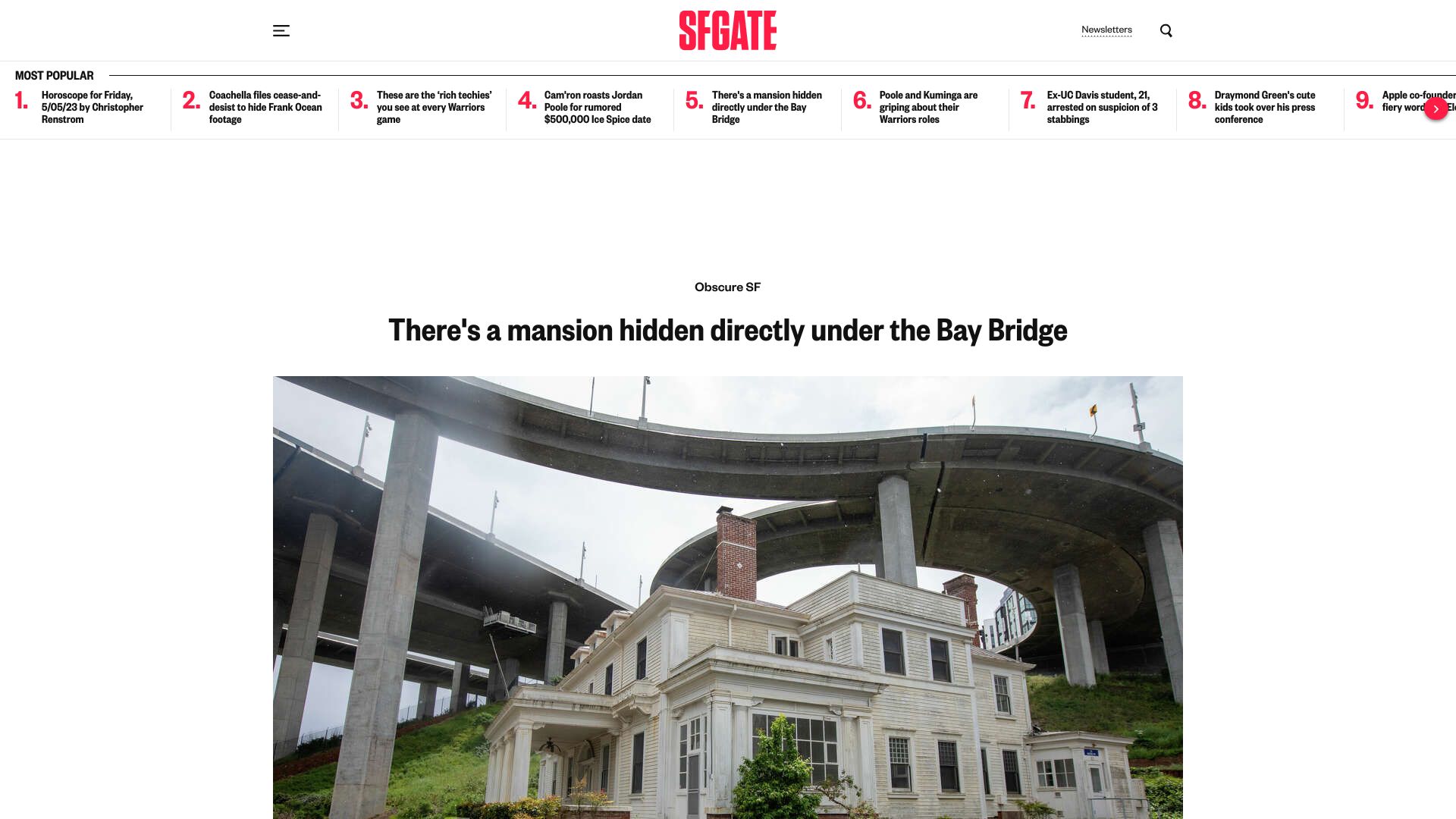 Screenshot of sfgate.com: A mansion hidden directly under the Bay Bridge