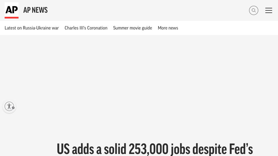 Screenshot of apnews.com: US adds a solid 253,000 jobs despite Fed's rate hikes