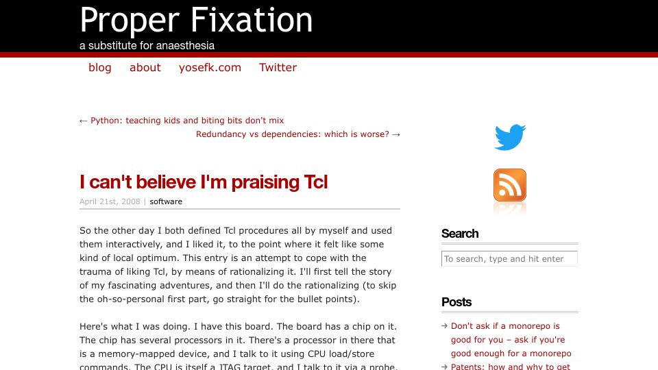 Screenshot of yosefk.com: I can't believe I'm praising Tcl (2008)