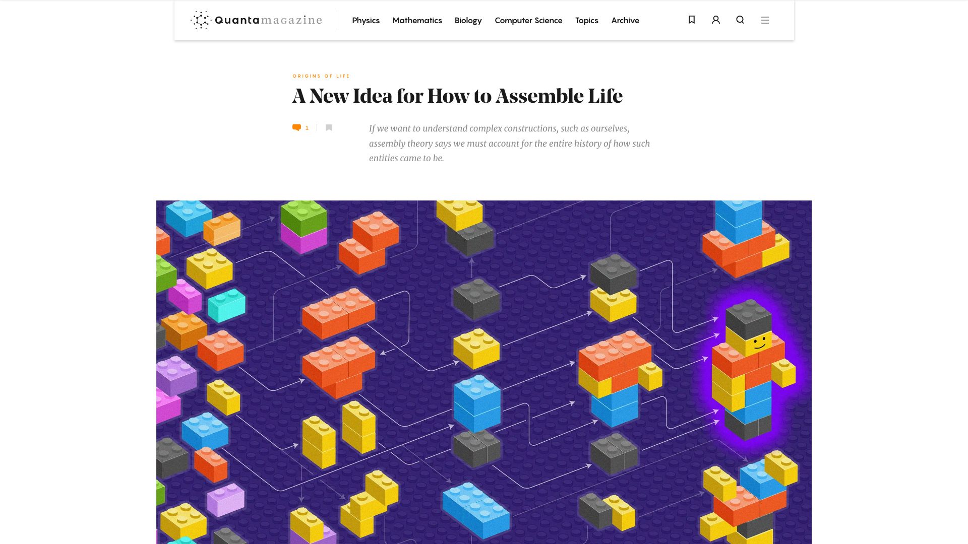 Screenshot of quantamagazine.org: A New Theory for the Assembly of Life in the Universe
