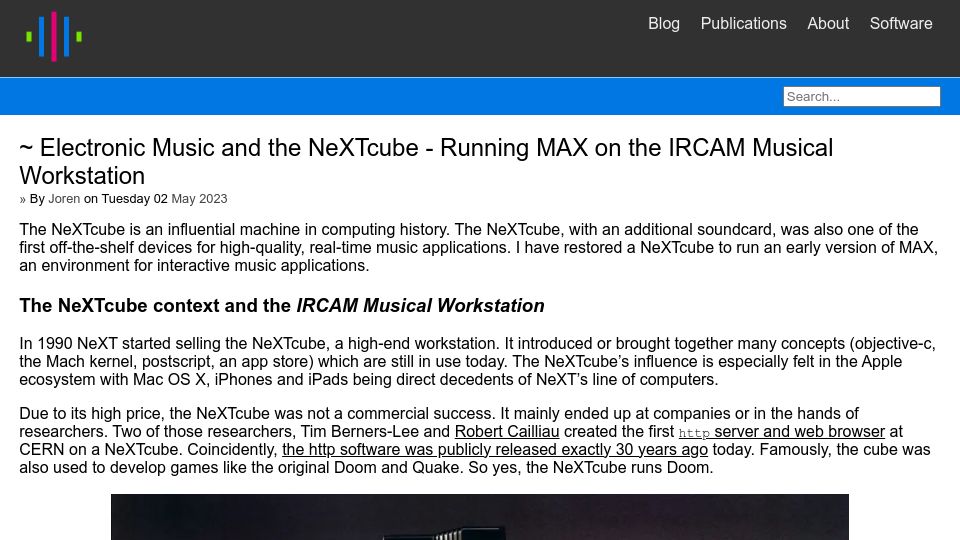 Screenshot of 0110.be: Electronic Music and the NeXTcube – Running Max on the Ircam Musical Workstation
