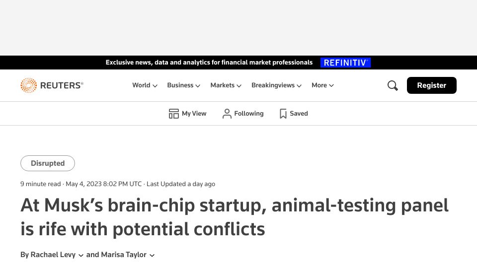 Screenshot of reuters.com: At Musk’s brain-chip startup, animal-testing panel is rife with conflicts