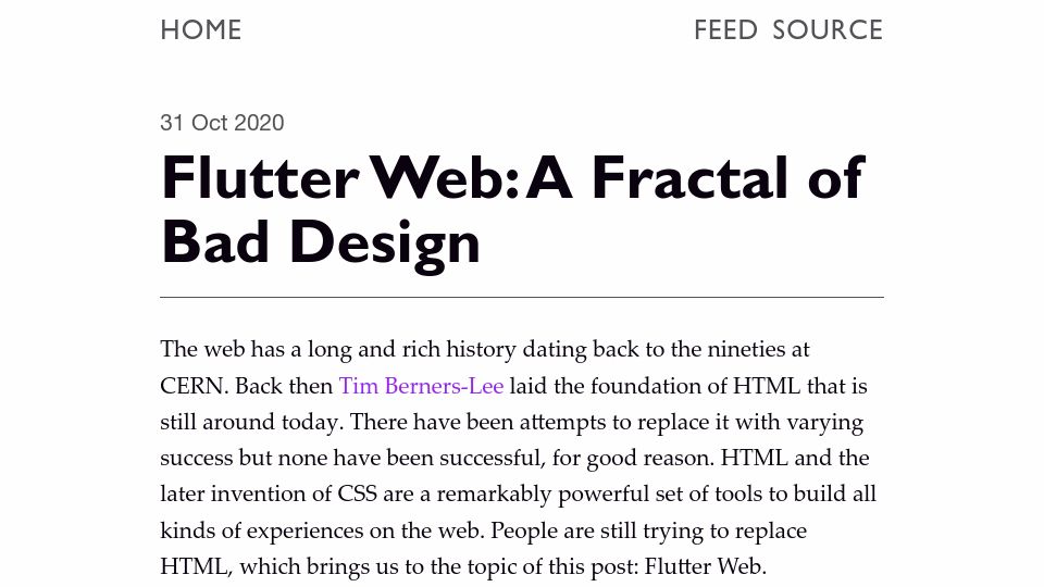 Screenshot of hugotunius.se: Flutter Web: A Fractal of Bad Design