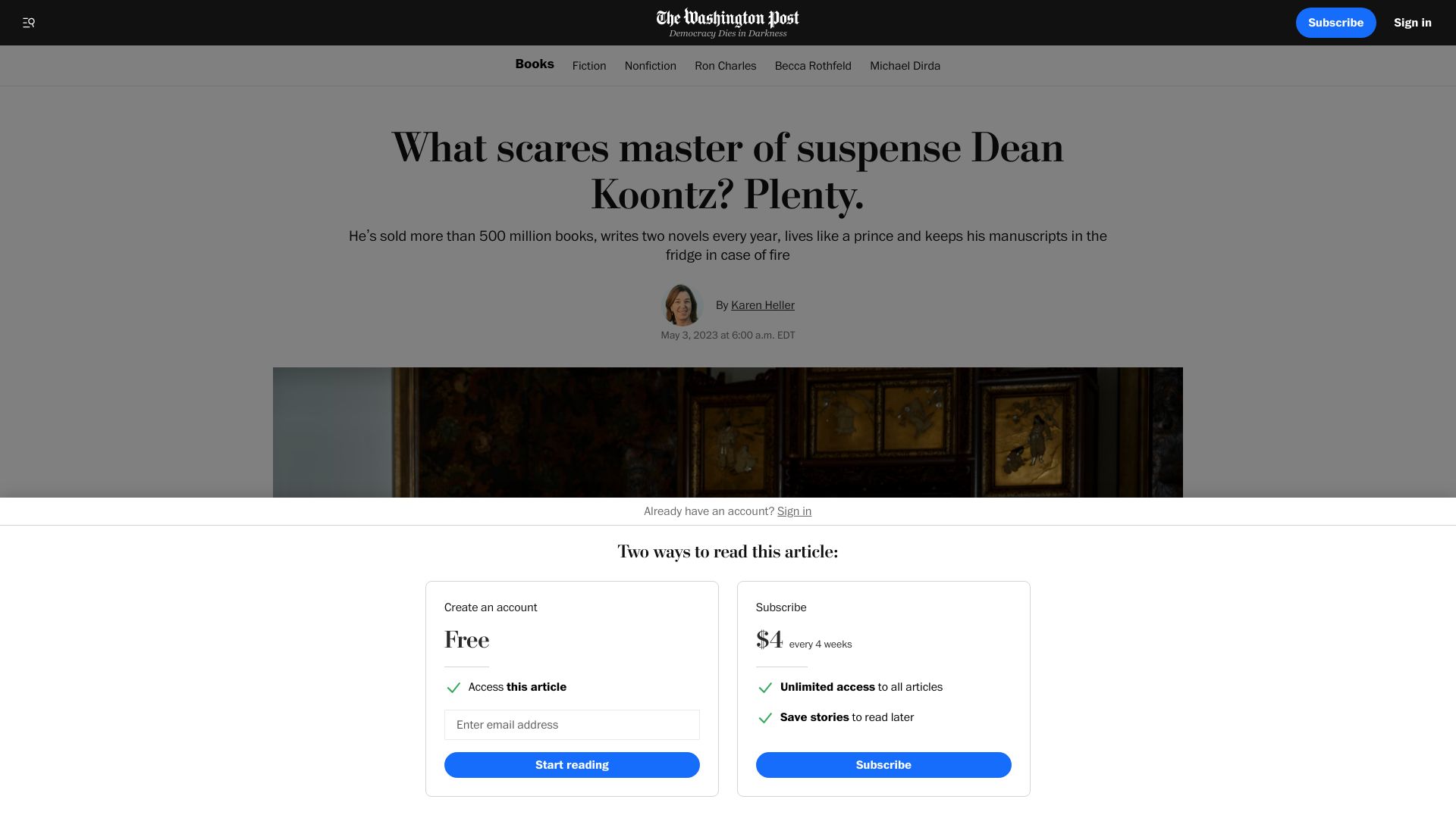 Screenshot of washingtonpost.com: What scares master of suspense Dean Koontz? Plenty