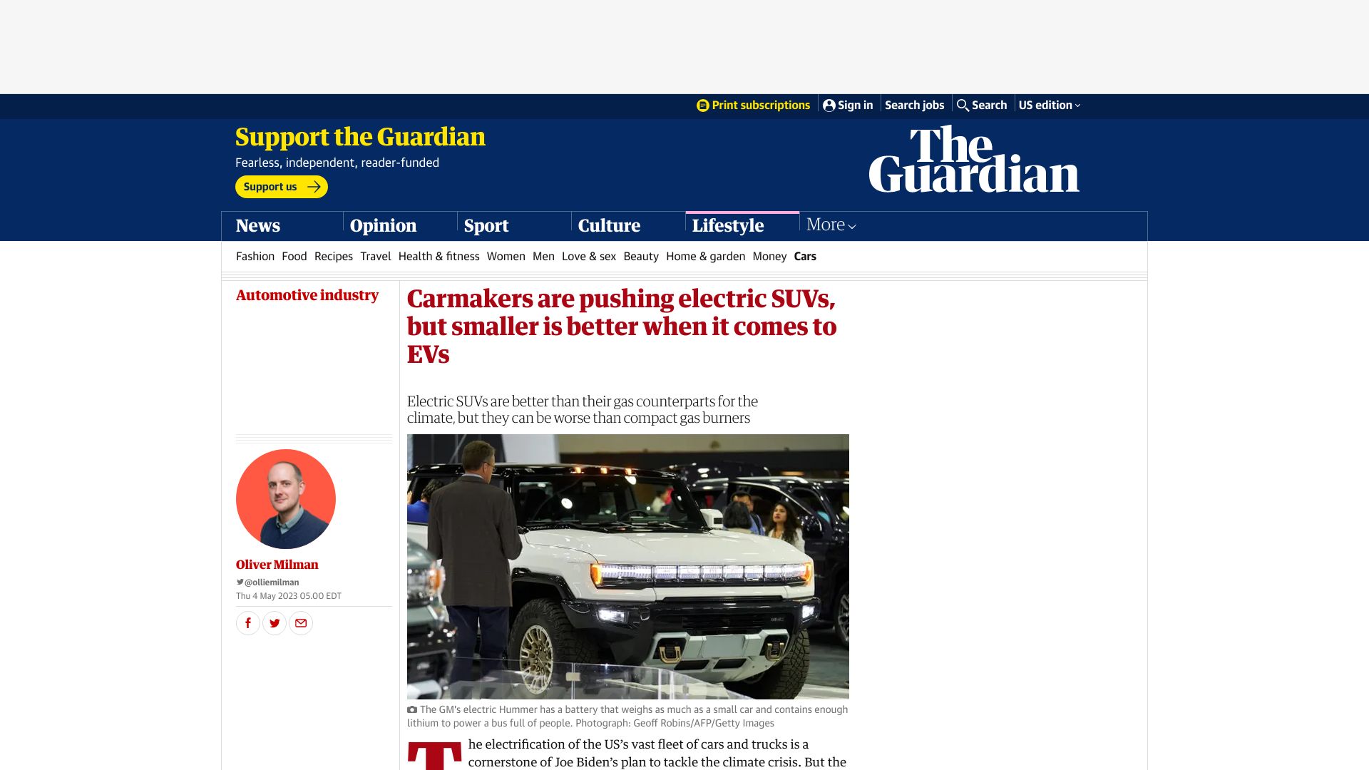Screenshot of theguardian.com: Carmakers are pushing electric SUVs, but smaller is better when it comes to EVs