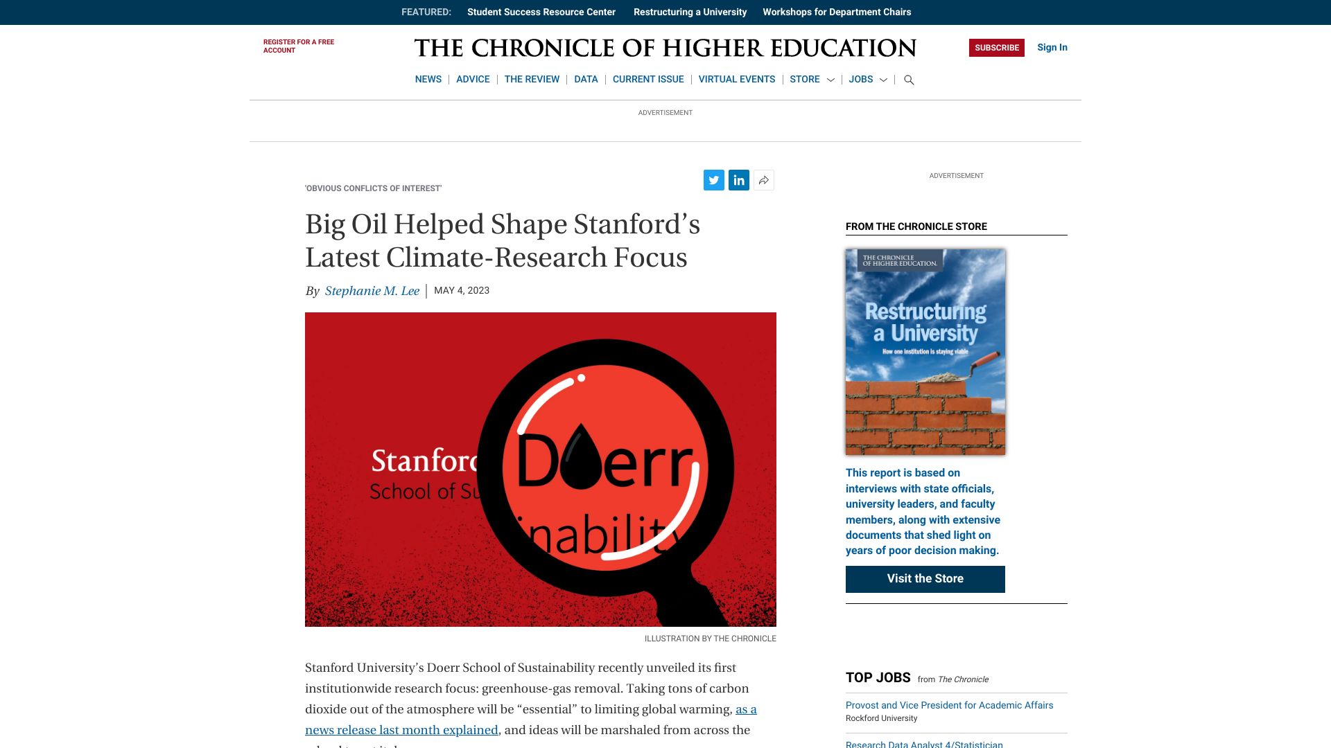 Screenshot of chronicle.com: Big oil helped shape Stanford’s latest climate-research focus