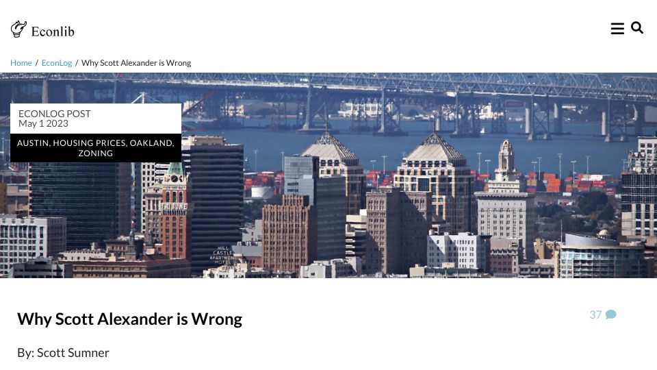 Screenshot of econlib.org: Urban Density and Home Prices