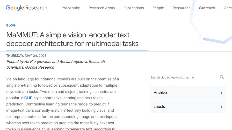 Screenshot of ai.googleblog.com: MaMMUT: A simple vision-encoder text-decoder architecture for multimodal tasks