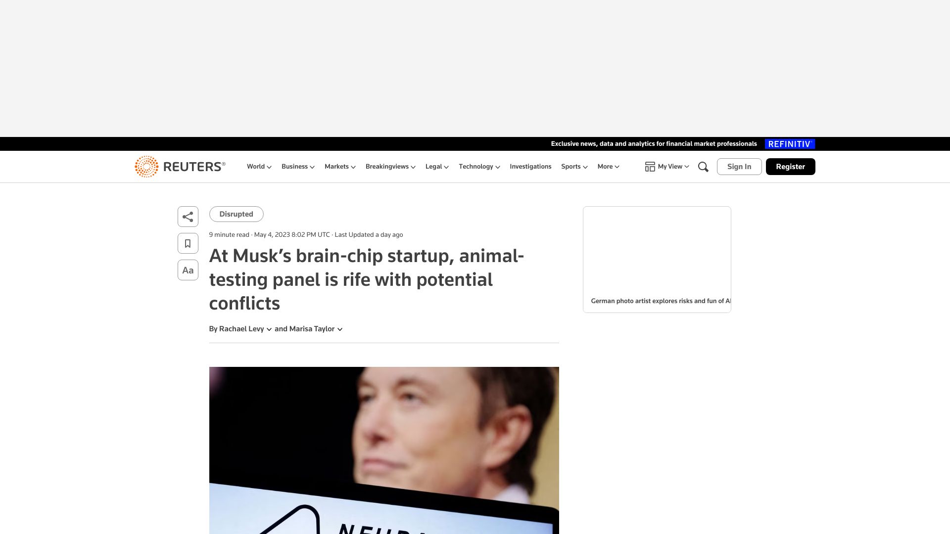 Screenshot of reuters.com: At Musk’s brain-chip startup, animal-testing panel is rife with conflicts