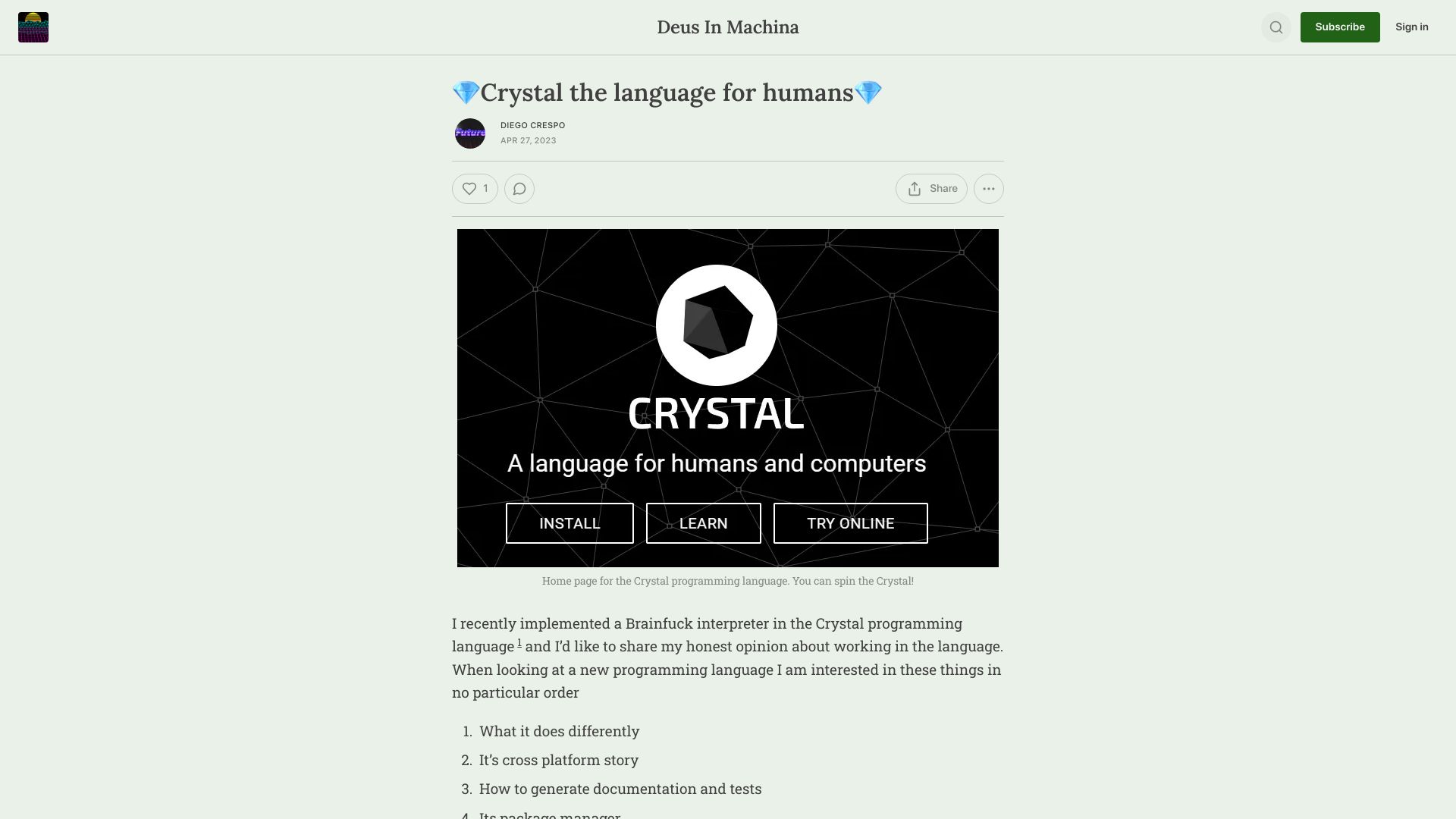 Screenshot of deusinmachina.net: A look at Crystal, a programming language for humans
