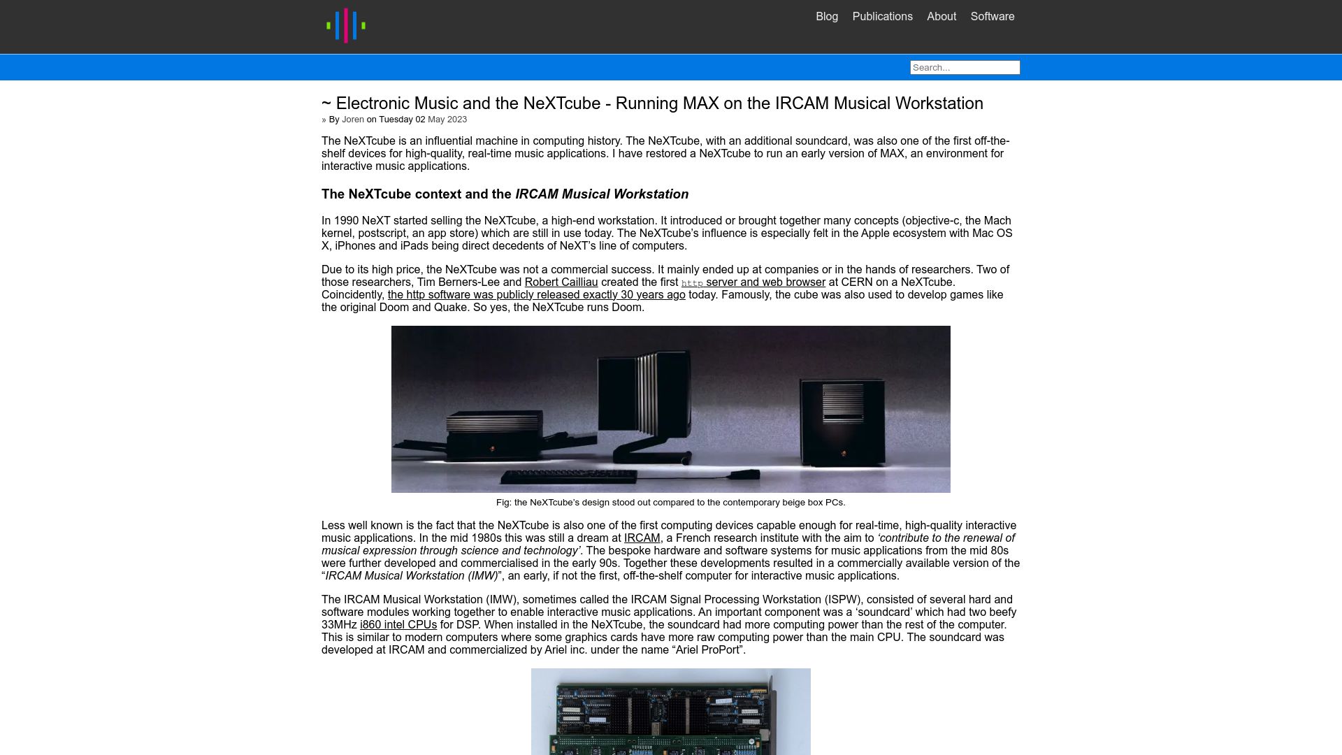 Screenshot of 0110.be: Electronic Music and the NeXTcube – Running Max on the Ircam Musical Workstation