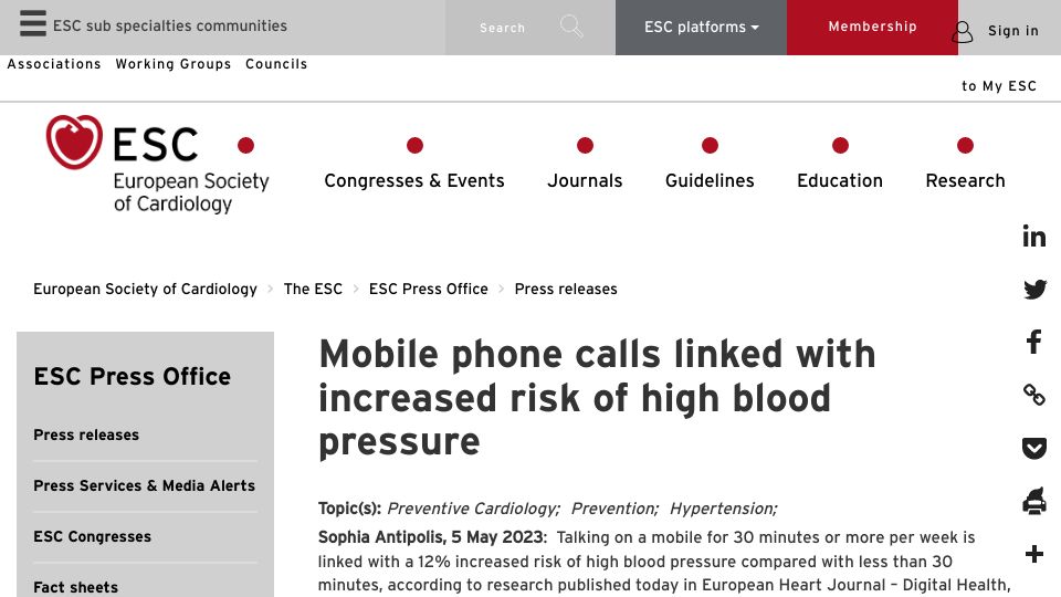 Screenshot of escardio.org: Mobile phone calls linked with increased risk of high blood pressure