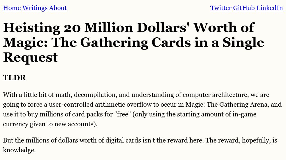 Screenshot of mayer.cool: Heisting $20M of Magic: The Gathering Cards in a Single Request
