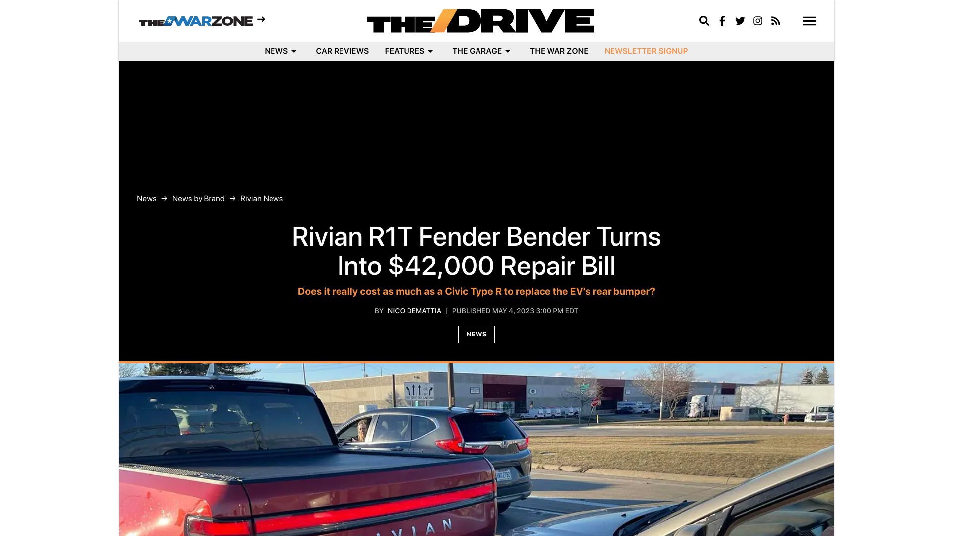 Screenshot of thedrive.com: Rivian R1T Fender Bender Turns into $42,000 Repair Bill