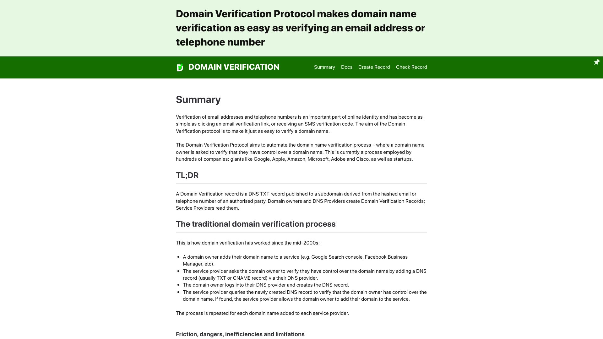Screenshot of domainverification.org: Show HN: Make domain verification as easy as verifying an email or phone number