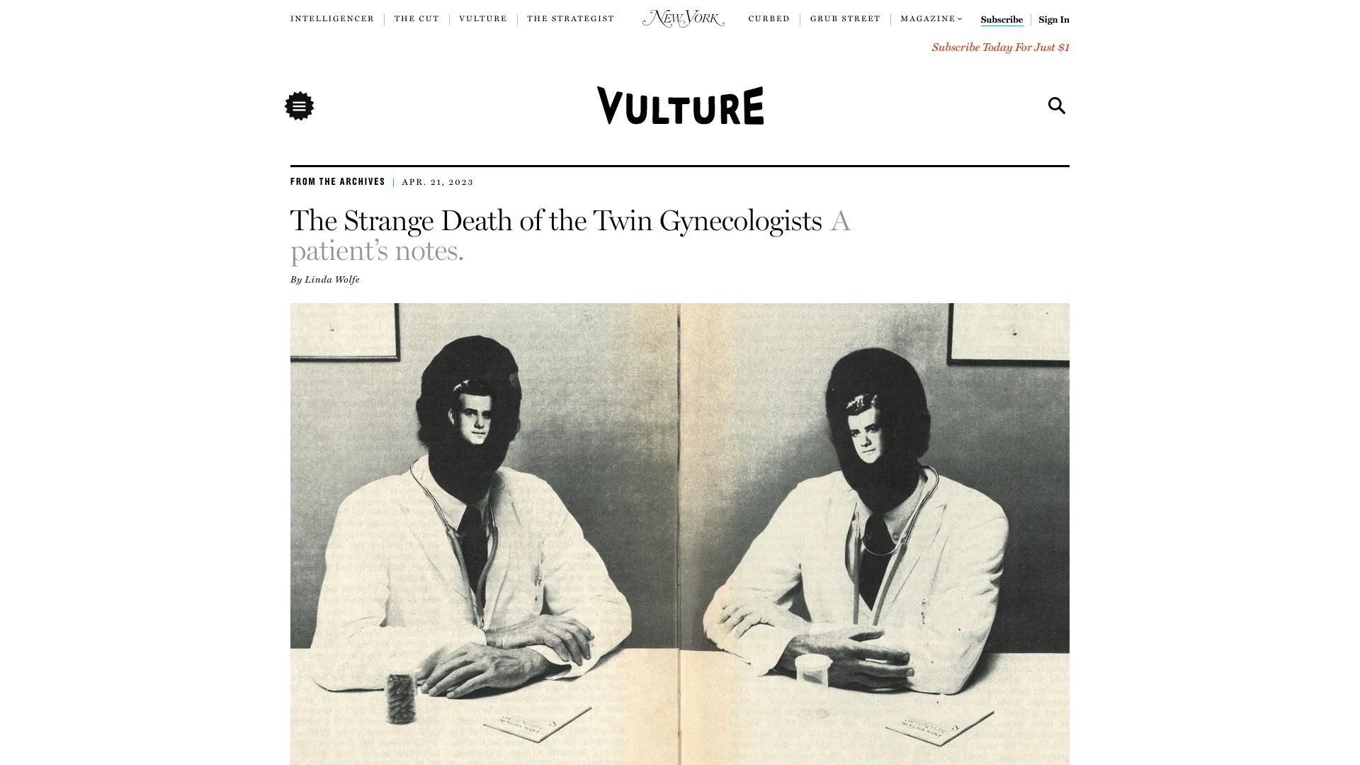 Screenshot of vulture.com: Death of the Twin Gynaecologists: A patient's notes (1975)