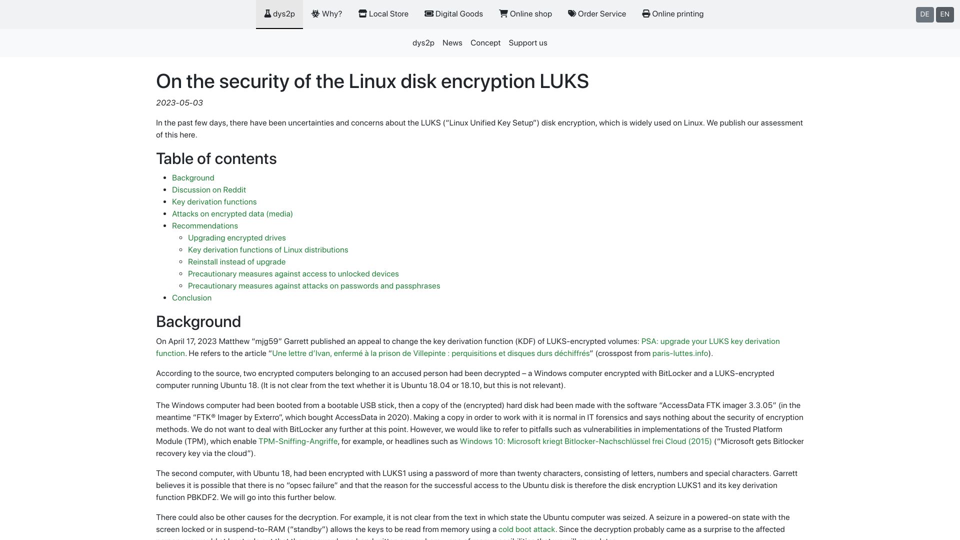 Screenshot of dys2p.com: Show HN: On the security of the Linux disk encryption LUKS
