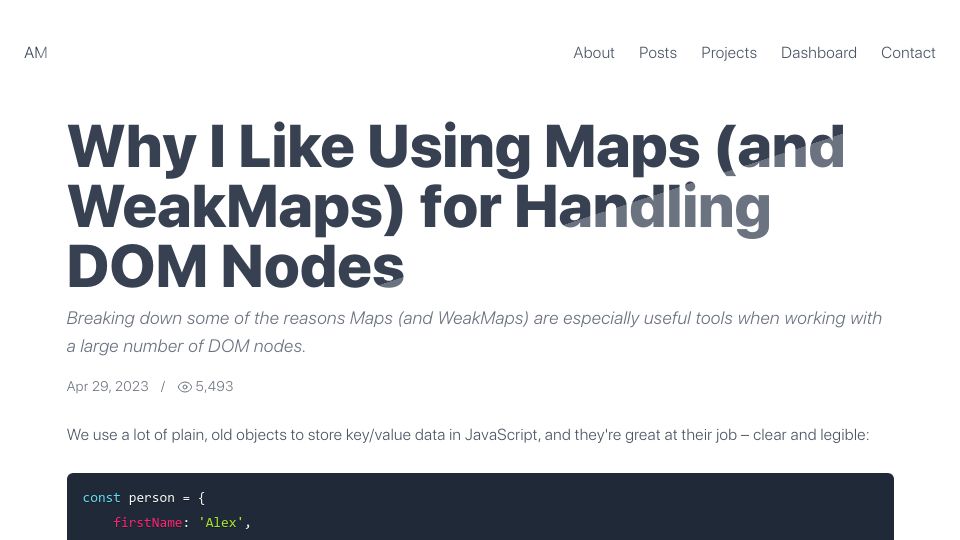 Screenshot of macarthur.me: Why I Like Using Maps (and WeakMaps) for Handling DOM Nodes