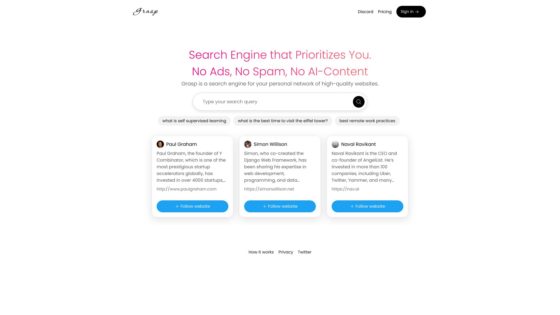 Screenshot of usegrasp.com: Show HN: A search engine for your personal network of high-quality websites