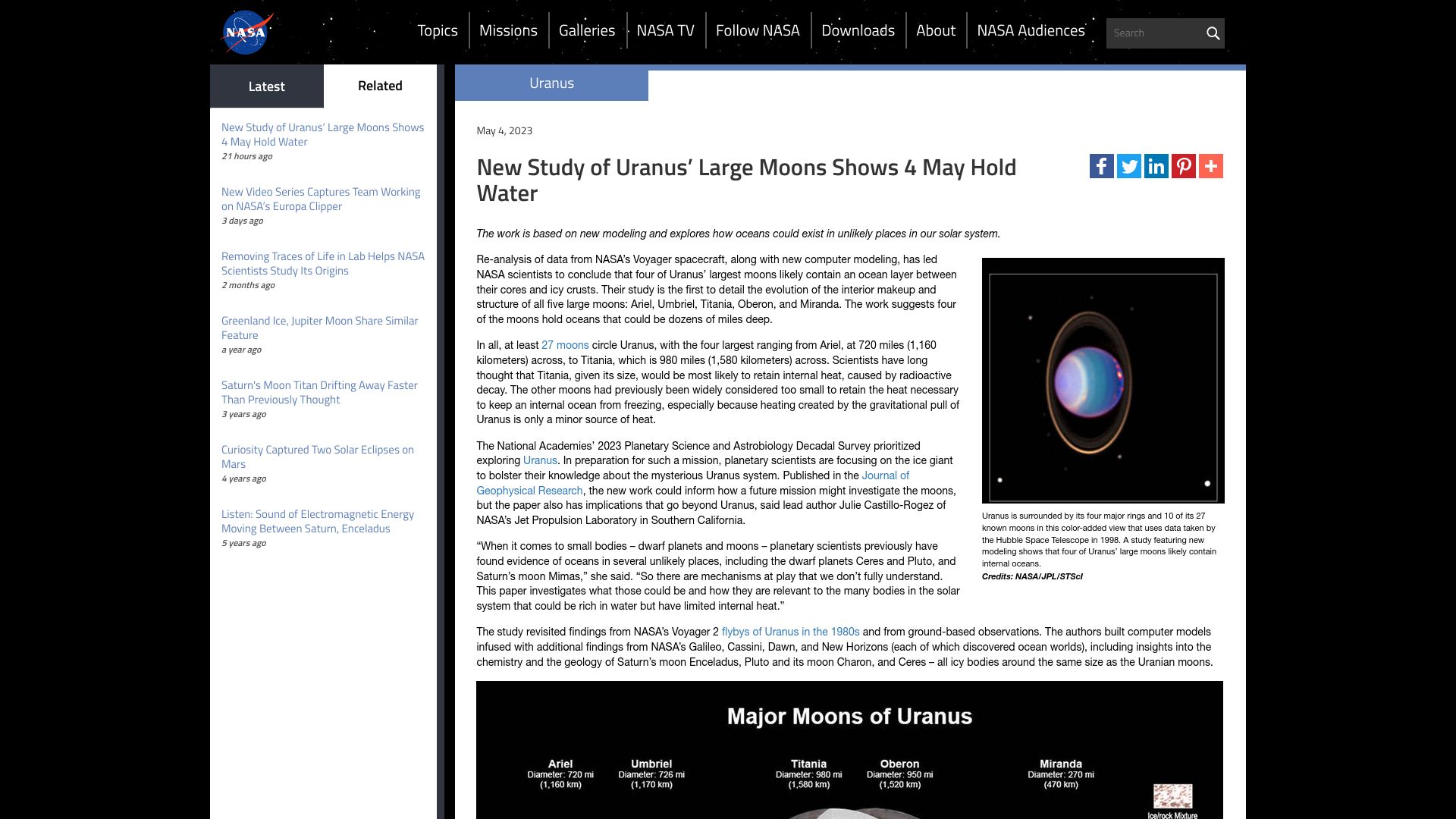 Screenshot of nasa.gov: Four of Uranus’ largest moons likely contain an ocean layer