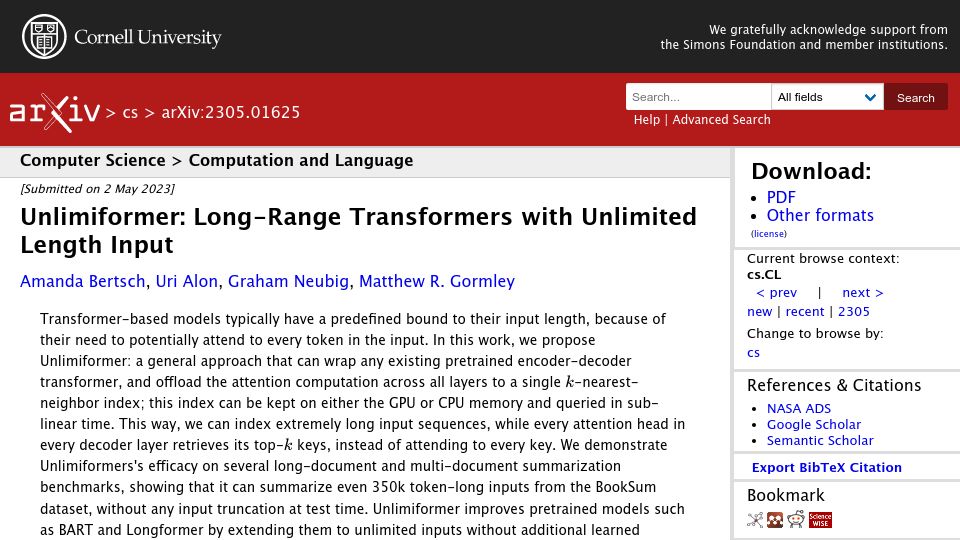 Screenshot of arxiv.org: Unlimiformer: Long-Range Transformers with Unlimited Length Input