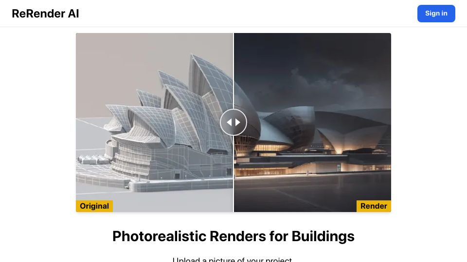 Screenshot of rerenderai.com: Show HN: ReRender AI - Realistic Architectural Renders for AutoCAD/Blender Users