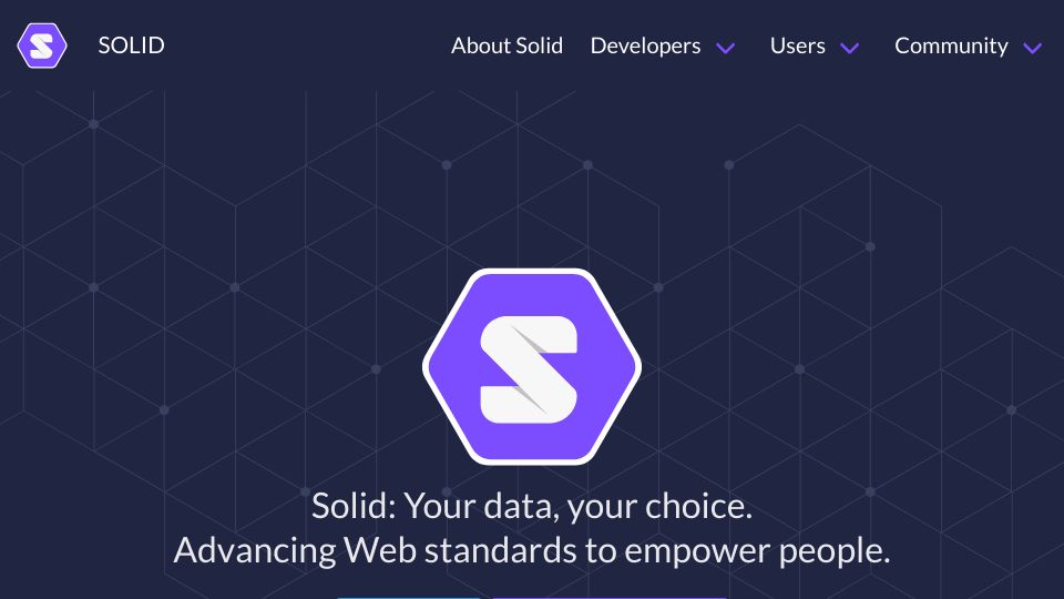 Screenshot of solidproject.org: Solid, a spec that lets people store their data securely in decentralized Pods